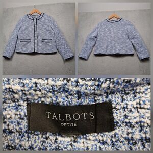 Talbots Petite Tweed Jacket Women Blue White Bouclé Trim Detail